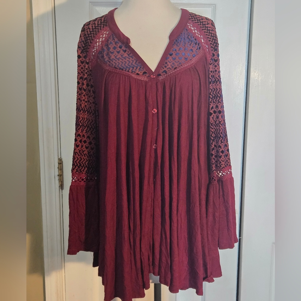 Boho Burgundy Bell Sleeve Tunic Top XL